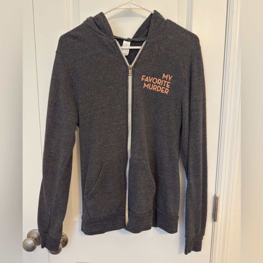Alternative My Favorite Murder Charcoal Zip Hoodie with Light Peach Logo Accent
